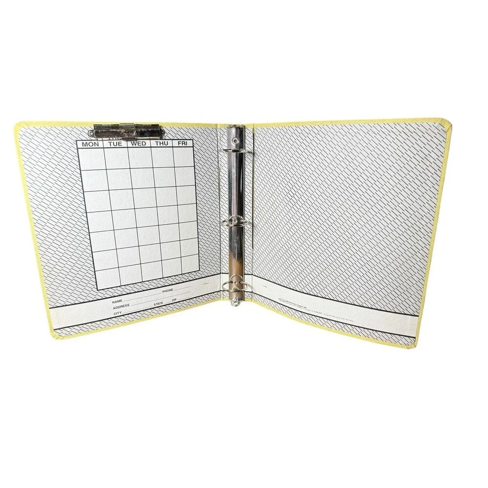 Vintage Pen-Tab 3 Ring Binder Yellow Clip Board Cloth School Portfolio Calendar